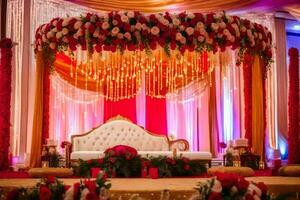 an indian wedding stage decorated with red and gold flowers. AI-Generated photo