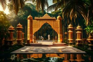 an ornate entrance to a garden with palm trees. AI-Generated photo