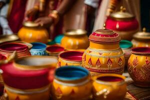 colorful pots and bowls are displayed on a table. AI-Generated photo