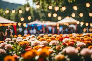 a field of flowers with lights hanging from the trees. AI-Generated photo