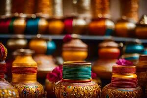 colorful vases are on display in a shop. AI-Generated photo