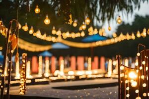 a group of people standing around a table with lights. AI-Generated photo