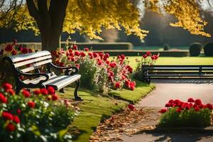 a park bench is surrounded by red flowers. AI-Generated photo