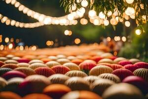 a large group of colorful balls in the middle of a field. AI-Generated photo