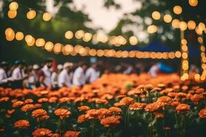 orange flowers in a field with people walking around. AI-Generated photo