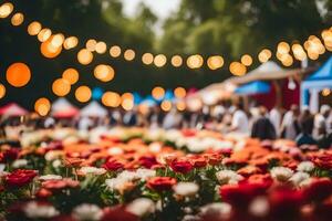 a flower market with lights and people. AI-Generated photo