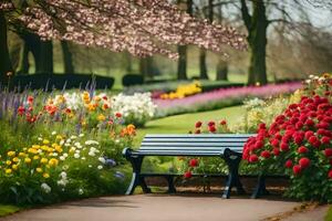 a bench is in a park surrounded by flowers. AI-Generated photo