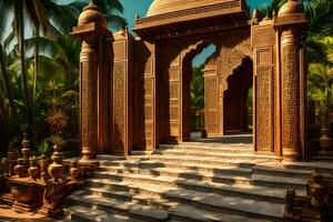 an ornate entrance to a garden with palm trees. AI-Generated photo