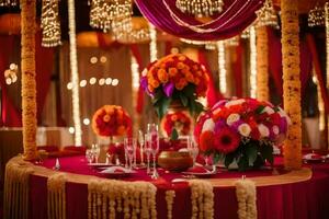 a red table with orange and pink flowers and candles. AI-Generated photo