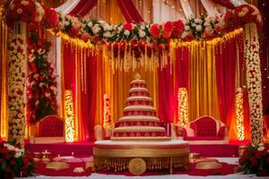 an indian wedding ceremony with a cake on the stage. AI-Generated photo