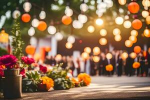 flores y linternas en el antecedentes a un al aire libre boda. generado por ai foto