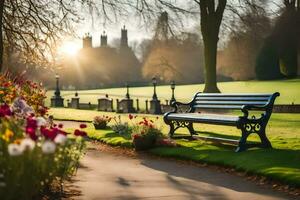 a bench sits in a park with flowers and trees. AI-Generated photo
