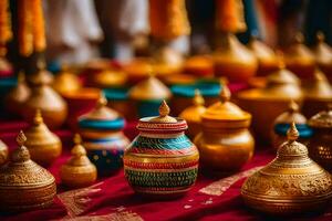 golden pots and vases on a red table. AI-Generated photo