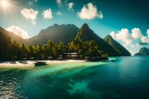 a tropical island with palm trees and mountains. AI-Generated photo