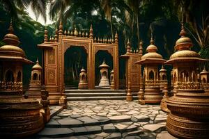 dorado templo en el selva. generado por ai foto