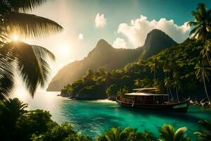 a boat in the ocean near a tropical island. AI-Generated photo