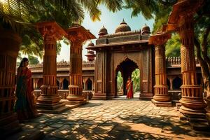 a woman in indian dress standing in front of a temple. AI-Generated photo