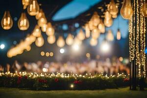 a wedding reception with lights and decorations. AI-Generated photo