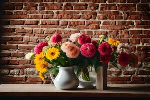 ramo de flores de flores en un mesa en frente de un ladrillo pared. generado por ai foto