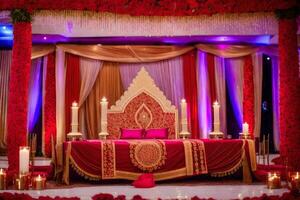 un indio Boda ceremonia con rojo y oro decoración. generado por ai foto