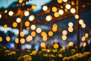 amarillo flores en el primer plano y un cuerda de luces en el antecedentes. generado por ai foto