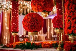 un rojo y oro Boda recepción con flores y decoraciones generado por ai foto