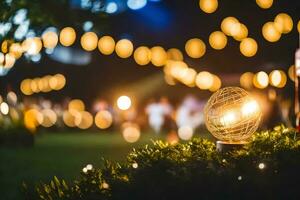 a lighted ball in the grass with people in the background. AI-Generated photo