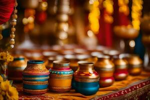 colorful vases on a table with gold and red decorations. AI-Generated photo