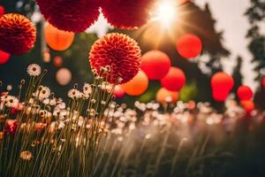 red paper lanterns in the sun. AI-Generated photo