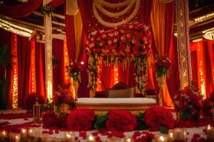 a red and gold wedding ceremony with candles and flowers. AI-Generated photo