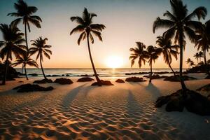 the sun sets on a beach with palm trees and rocks. AI-Generated photo
