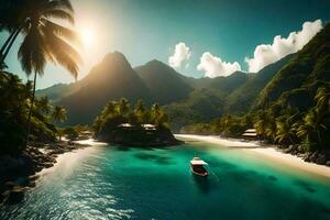 a boat is in the water near a tropical island. AI-Generated photo