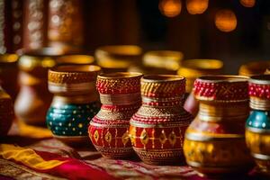 colorful vases on a table with lights in the background. AI-Generated photo