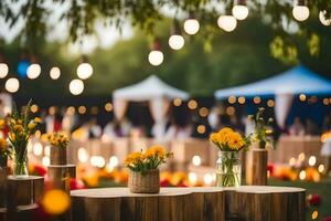 un mesa con flores y velas en un campo. generado por ai foto
