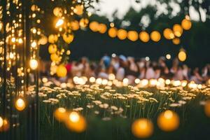 a group of people sitting in the grass with lights on them. AI-Generated photo