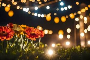 flores en el césped a noche con luces. generado por ai foto