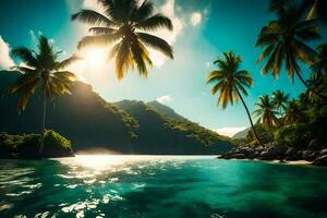 the sun shines over a tropical island with palm trees. AI-Generated photo