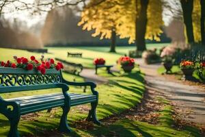 a park bench with flowers in a planter. AI-Generated photo