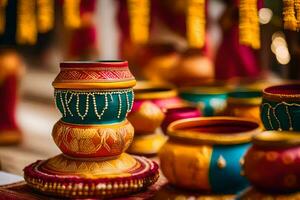 colorful pots and vases on display at an indian wedding. AI-Generated photo