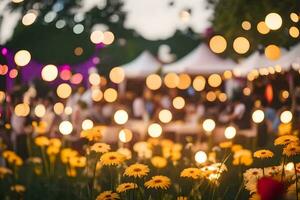 a field of flowers with bokeh lights. AI-Generated photo