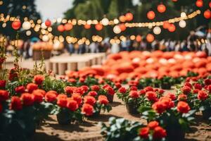 red flowers and lanterns in the middle of a field. AI-Generated photo