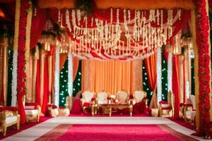 a red carpeted wedding ceremony with gold and red decorations. AI-Generated photo