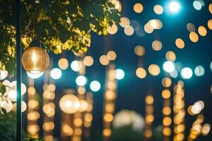 a string of lights and trees in the night. AI-Generated photo