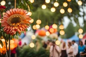 a flower is hanging from a string of lights. AI-Generated photo