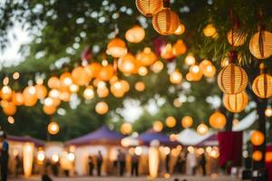 paper lanterns hanging from trees at an outdoor event. AI-Generated photo