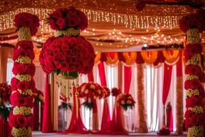 a red and gold wedding ceremony with flowers and garlands. AI-Generated photo