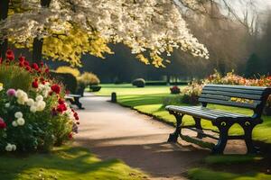 a park bench is surrounded by flowers. AI-Generated photo