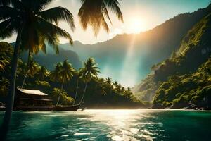 tropical island with palm trees and a boat. AI-Generated photo