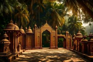 an indian temple in the jungle with palm trees. AI-Generated photo