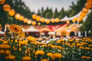 amarillo flores en un campo con un tienda en el antecedentes. generado por ai foto